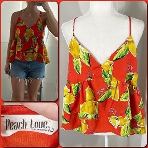 PEACH LOVE Orange Lemon Print Layered Ruffled Racerback Tank Top - LARGE